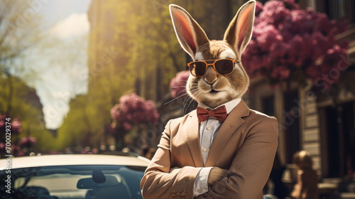Stylish, realistic Easter Rabbit Bunny in a suit and bowtie, crossed-arm in front of a car