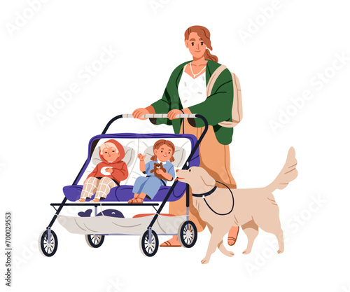 Mother, dog and twins in tandem stroller. Mom walking with two children in pram and puppy pet. Woman with toddlers kids strolling. Flat graphic vector illustration isolated on white background