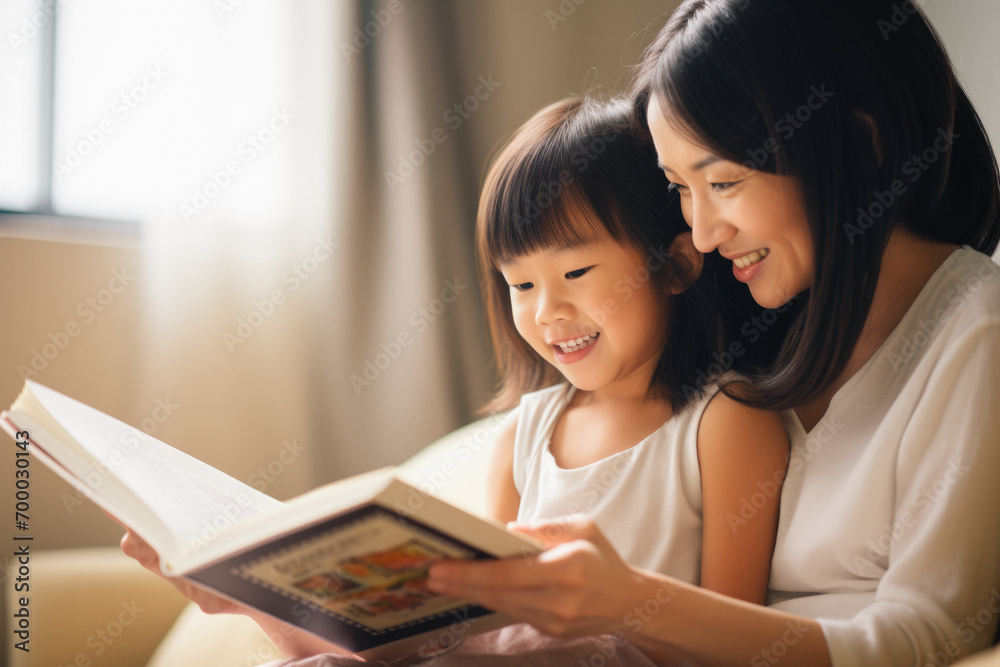 mother and daughter read a book together and smile mother and daughter read a book together and smile