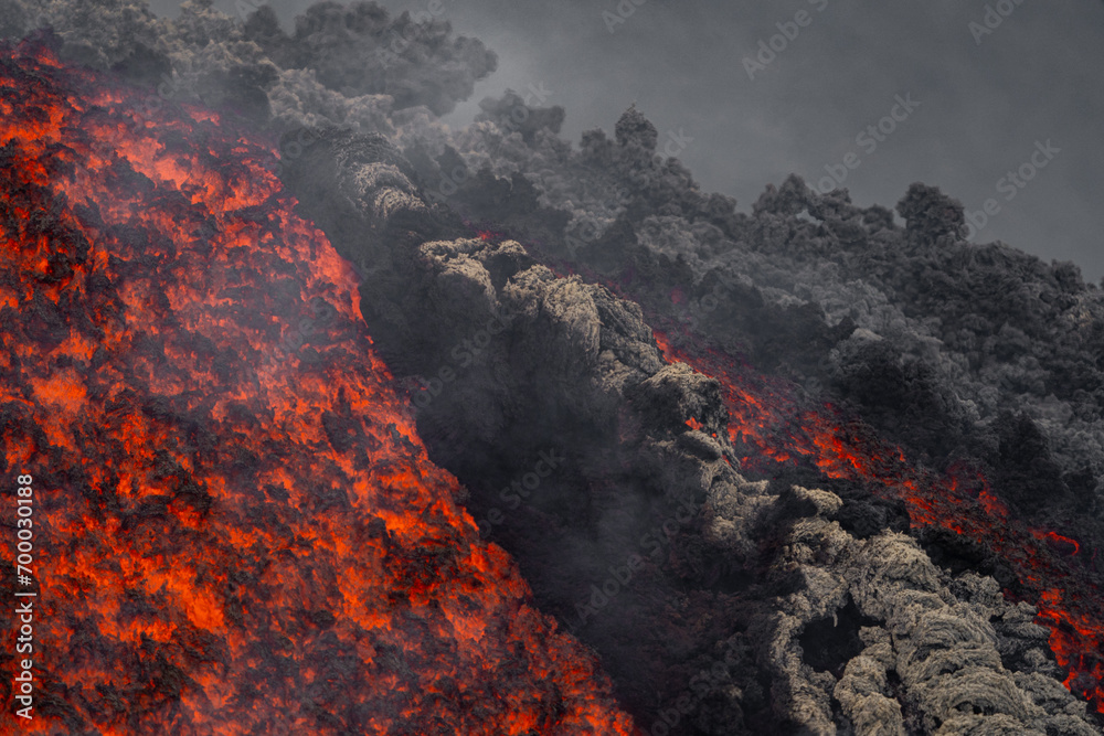 Eruptive vent with lava emis at the top of the Etna volcano
