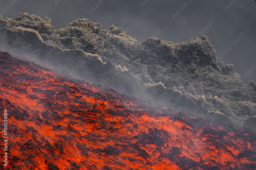 Eruptive vent with lava emis at the top of the Etna volcano