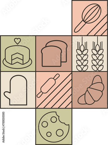 Hand drawn set illustration of Bakery. Bread, bakery products, baking dish, food processor, 
wheat. Abstract geometric line background. Bakery, confectionery equipment. 