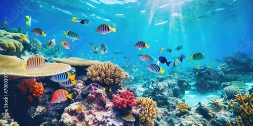 Fish over coral reef, underwater view