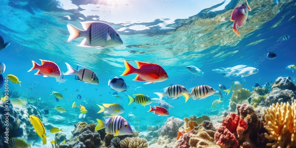 A school of colorful tropical fish swims in the coral reef, fisheye photography