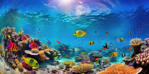 A school of colorful tropical fish swims in the coral reef  fisheye photography