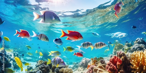 A school of colorful tropical fish swims in the coral reef, fisheye photography photo