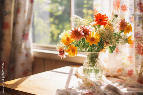 A bouquet of wildflowers standing on a table in front of a window in a village house