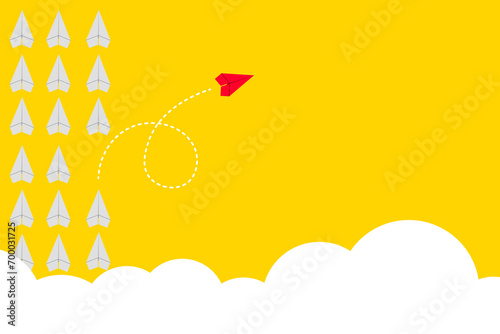 Red airplane changing direction. New idea, change