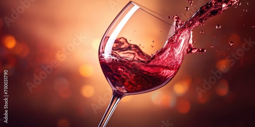 A wine glass continuously overflowing with red wine. Golden light background. sunlight, stunning lighting.  photo