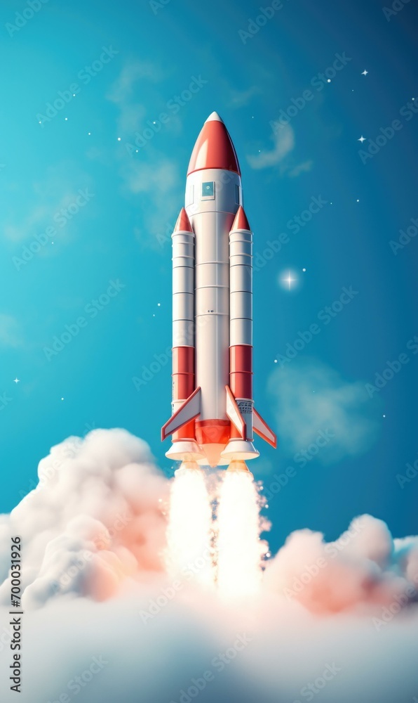Fototapeta premium A futuristic rocket soars through a blue sky, symbolizing progress and innovation. Generative AI.
