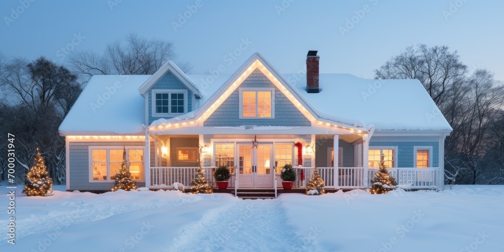 An american east-coast style house in the snow with warm welcoming lights in the windows, a light happy energy., photorealistic copy space -