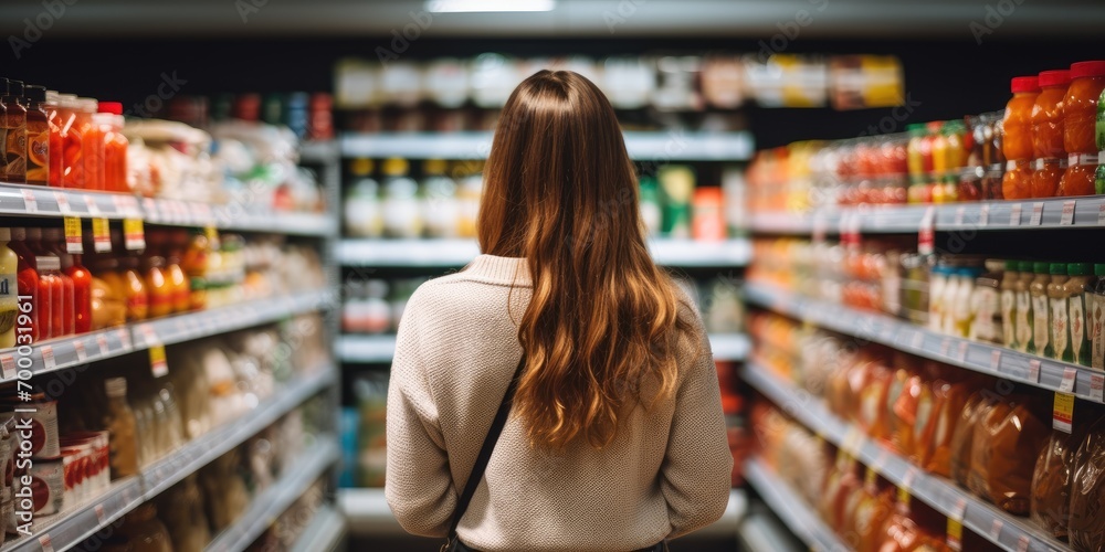 back view of woman shopping in grocery store copy space 