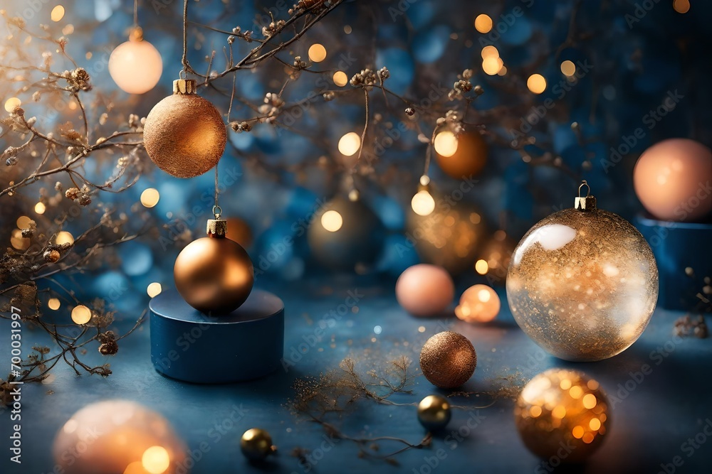 Fototapeta premium Gilded Dreamscape: Radiant Bauble Bokeh Infused with warm Blues, Oranges, Golds and other vibrant colors.