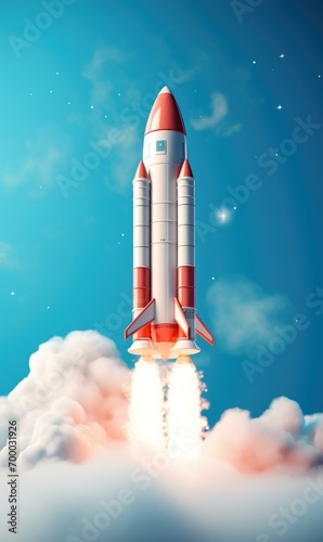 A futuristic rocket soars through a blue sky, symbolizing progress and innovation. Generative AI.