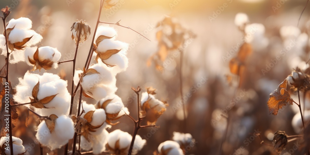 Cotton plant in the nature with sun flare, nature concept