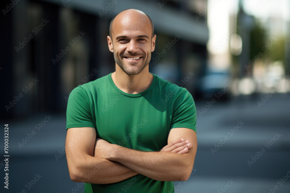 Smiling adult man with arms crossed on city street Smiling adult man with arms crossed on city street