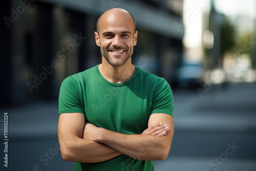 Smiling adult man with arms crossed on city street photo