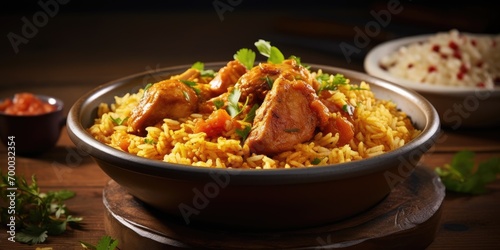Curry Chicken with Brown Rice, front view, on a table, food photograph, food styling, sunny, happy, healthy, 