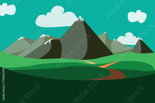 Vector landscape  mountains and fields around. Snowy peaks of the mountains.