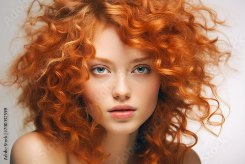 close-up portrait of a curly woman with red hair