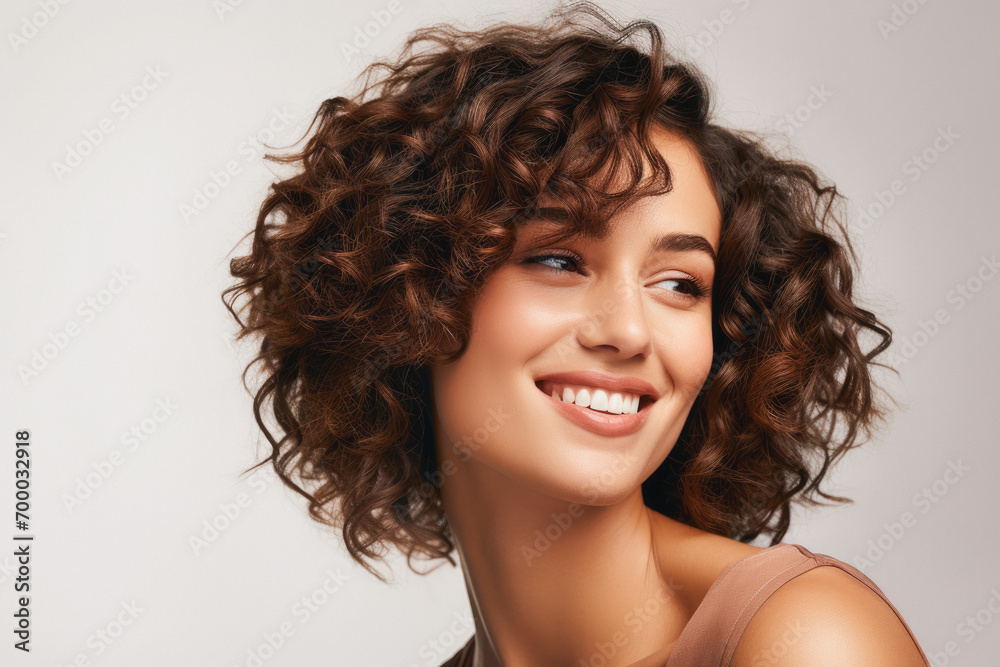 close-up portrait of a curly short-haired woman with brown hair close-up portrait of a curly short-haired woman with brown hair