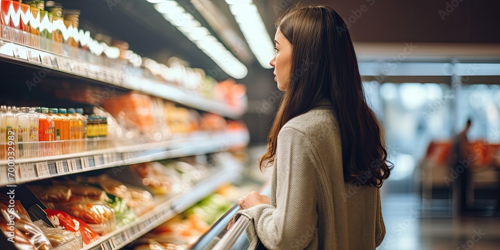 Young woman buying groceries in a bright modern supermarket, photo copy space 