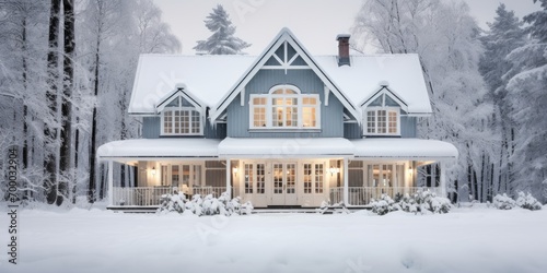 Swedish-hygge-modern mansion, snowy, cozy, windows, house facade photo copy space  © kimly