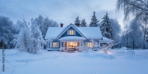 The front of exterior of house or cottage covered in deep snow in winter evening copy space  © kimly