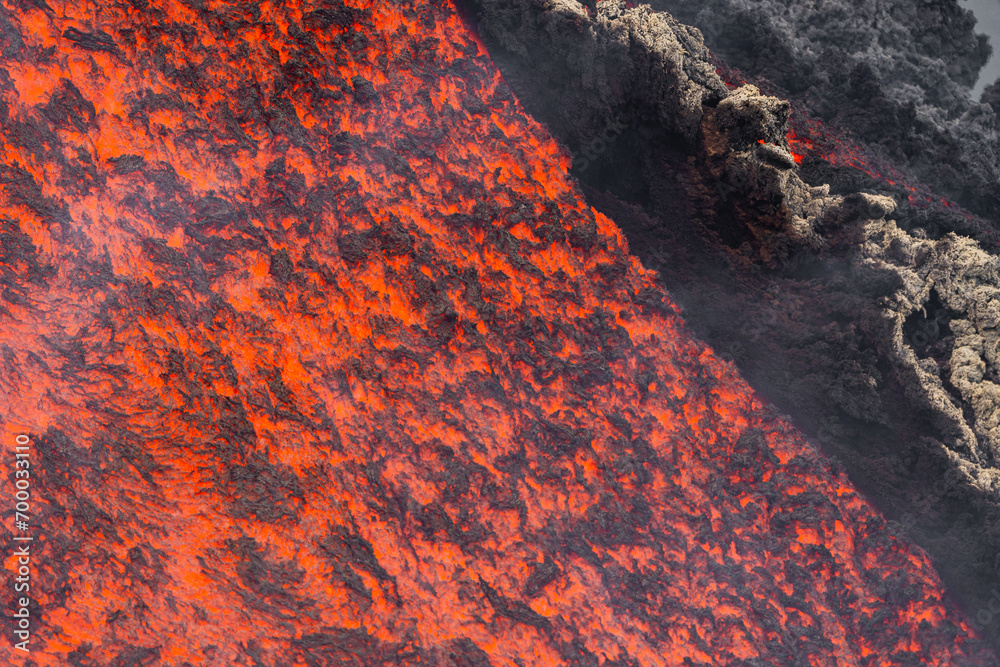 Eruptive vent with lava emis at the top of the Etna volcano