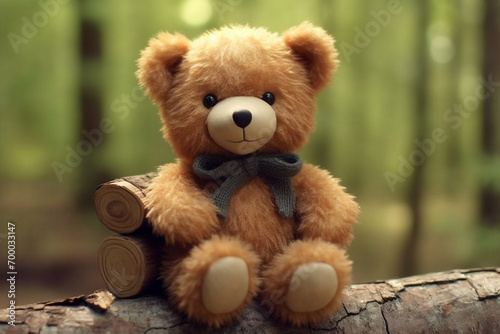 Cute looking fluffy teddy bear toy sitting on plain background with copy space © Rytis