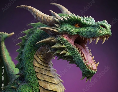 Green dragon with open mouth, realistic digital art.