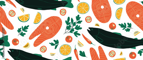 Salmon pattern texture background vector. Abstract salmon meat on light background with salmon fish, lemon, tomato. Design illustration for Japanese Restaurant, website, banner, packaging.