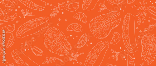 Salmon steak pattern texture background vector. Abstract salmon meat on orange background with stripes salmon line art, lemon. Design illustration for Japanese Restaurant, website, banner, packaging.