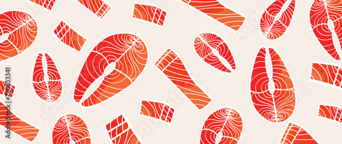 Salmon steak pattern texture background vector. Abstract salmon meat on light background with stripes salmon line art. Design illustration for Japanese Restaurant, website, banner, packaging.