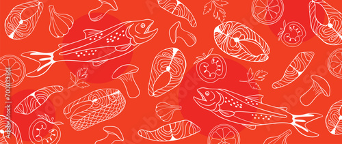 Salmon pattern texture background vector. Abstract salmon meat on orange background with salmon fish, lemon, tomato, mushroom. Design illustration for Japanese Restaurant, website, banner, packaging.