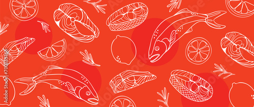 Salmon steak pattern texture background vector. Abstract salmon meat on orange background with stripes salmon line art, lemon. Design illustration for Japanese Restaurant, website, banner, packaging.