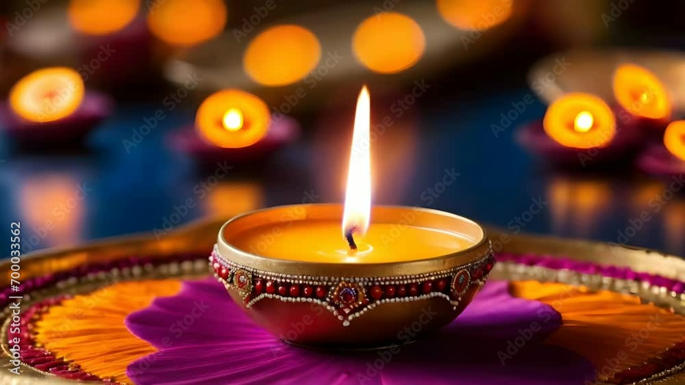 Close-up diwali diya lamps burning brightly on colorful rangoli Close-up diwali diya lamps burning brightly on colorful rangoli
