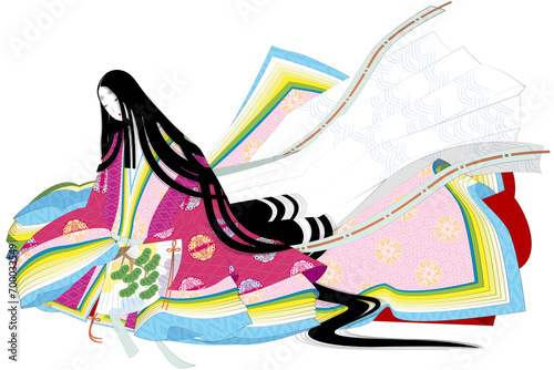 平安絵巻風の十二単衣の女性のイメージイラスト