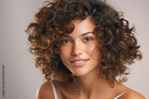 close-up portrait of a curly short-haired woman with brown hair