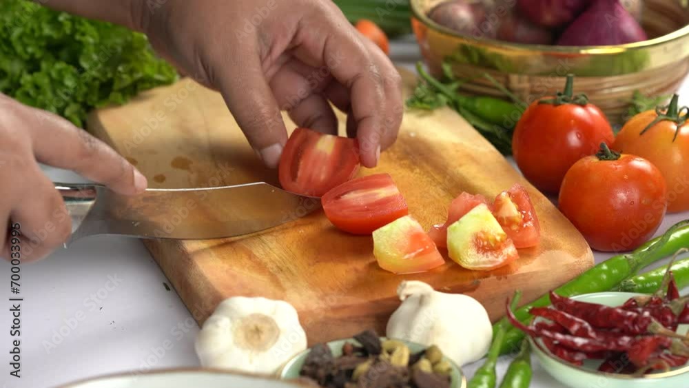 Close up woman with knife slicing red tomatoes on cutting wooden board Close up woman with knife slicing red tomatoes on cutting wooden board