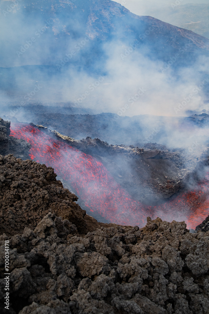 Eruptive vent with lava emis at the top of the Etna volcano