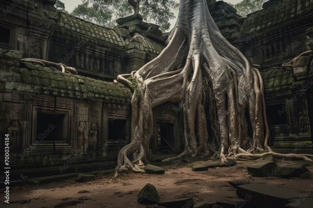 Naklejka premium Roots of a giant tree growing over the ancient ruins of Ta Prohm temple in Angkor Wat, Siem Reap, Cambodia. Generative AI
