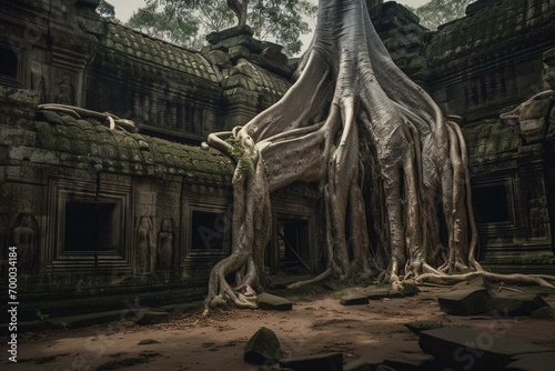Roots of a giant tree growing over the ancient ruins of Ta Prohm temple in Angkor Wat, Siem Reap, Cambodia. Generative AI