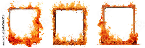Set of mockup of a burning frame is cut out on a transparent background. The fire on the frame spreads in different directions. Concept of carelessness with fire and its consequences