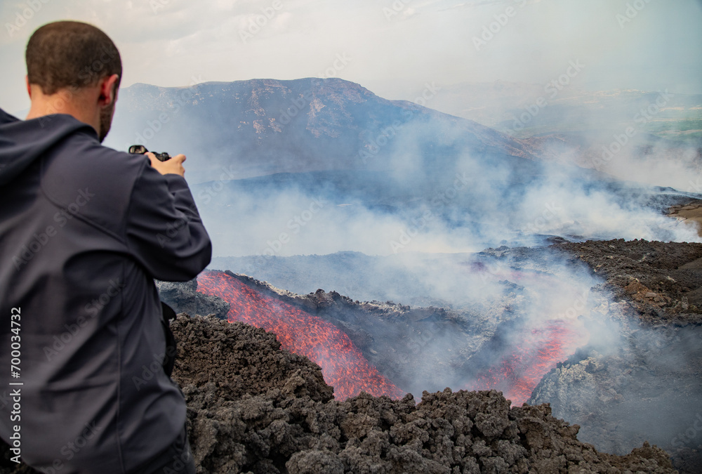 Eruptive vent with lava emis at the top of the Etna volcano