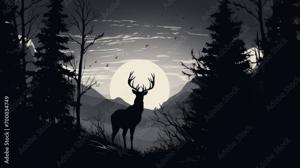 Derr silhouette in the moonlight, in the woods, tranquil efect, hand drawn sketch style