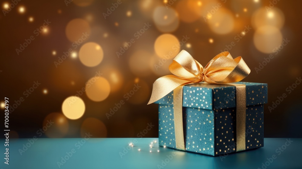 Blue gift box with golden ribbon on bokeh background Christmas and Happy New Year 2024 Ideas Blue gift box with golden ribbon on bokeh background Christmas and Happy New Year 2024 Ideas