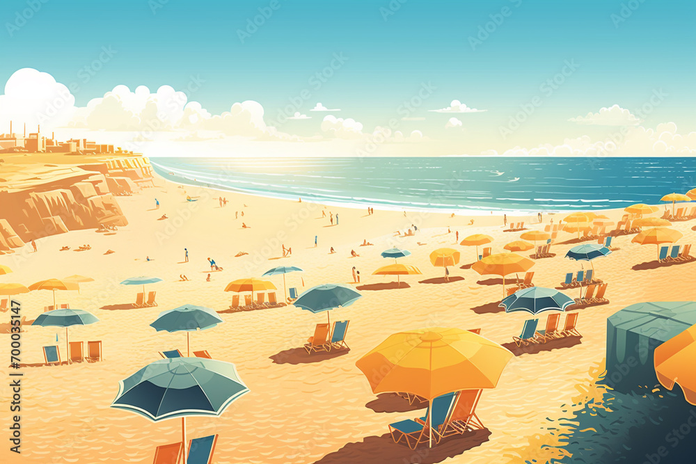 Beach with umbrellas and sun loungers. 3d rendering - obrazy, fototapety, plakaty 