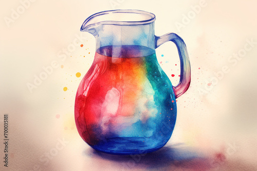 Colorful glass pitcher on a red background. Toned image. photo