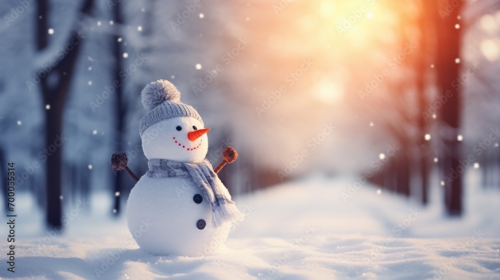 Fototapeta premium Snowman in winter forest. Christmas and New Year holidays background.